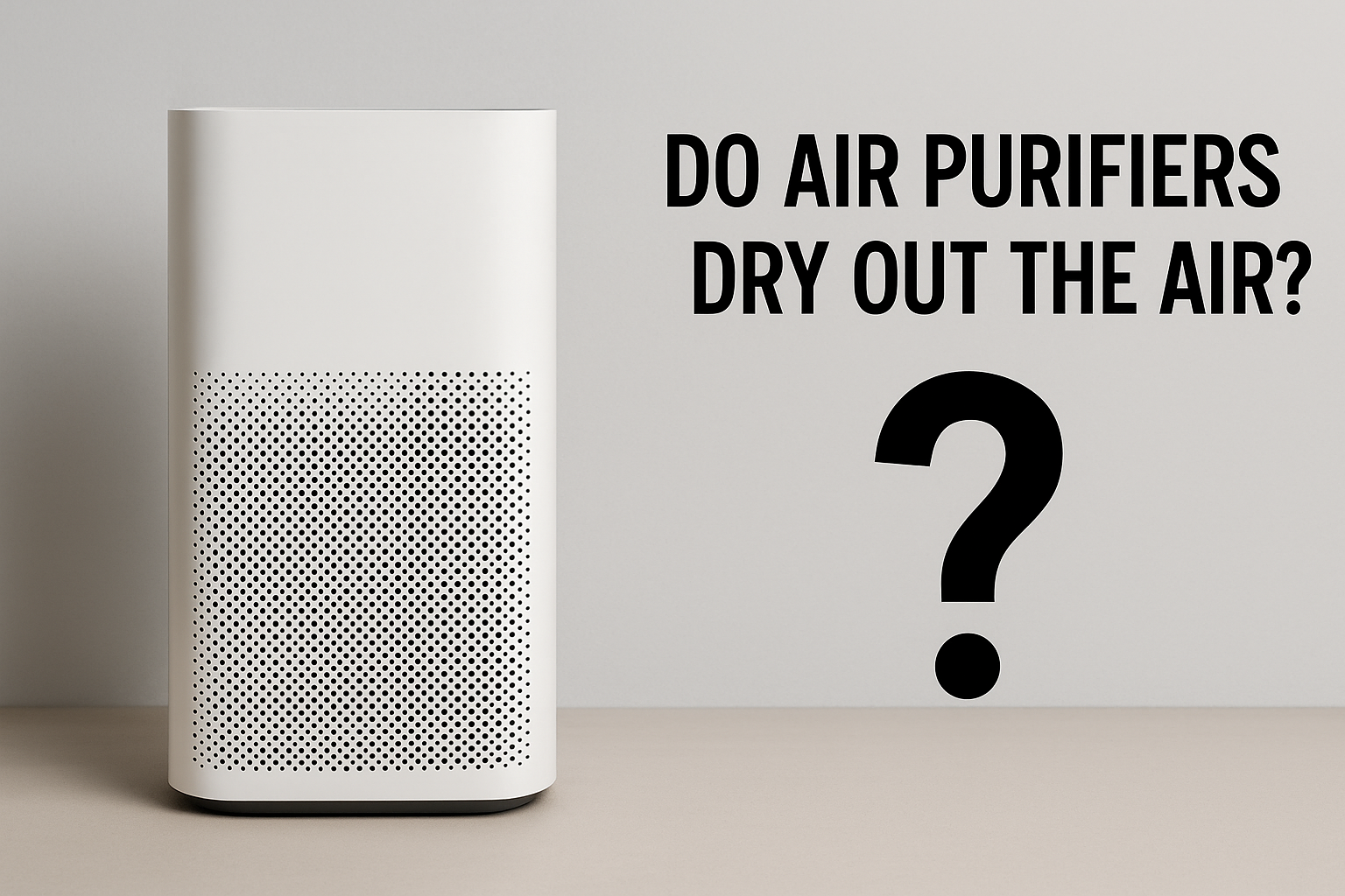 Realistic air purifier with large question mark and text asking “Do air purifiers dry out the air?”