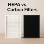 HEPA filter and carbon filter side by side with bold text reading HEPA vs Carbon Filters.