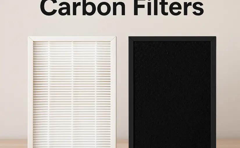 HEPA filter and carbon filter side by side with bold text reading HEPA vs Carbon Filters.