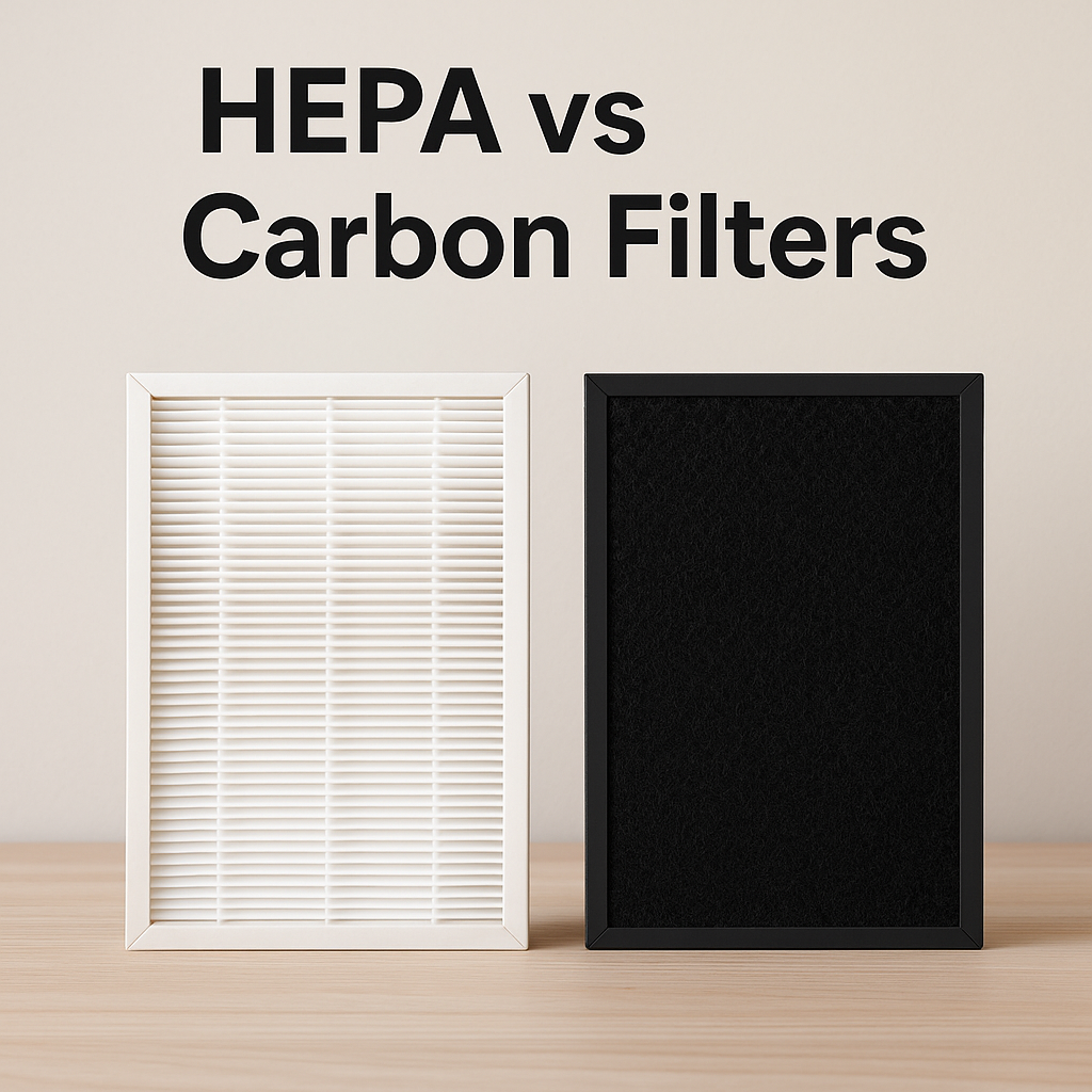 HEPA filter and carbon filter side by side with bold text reading HEPA vs Carbon Filters.