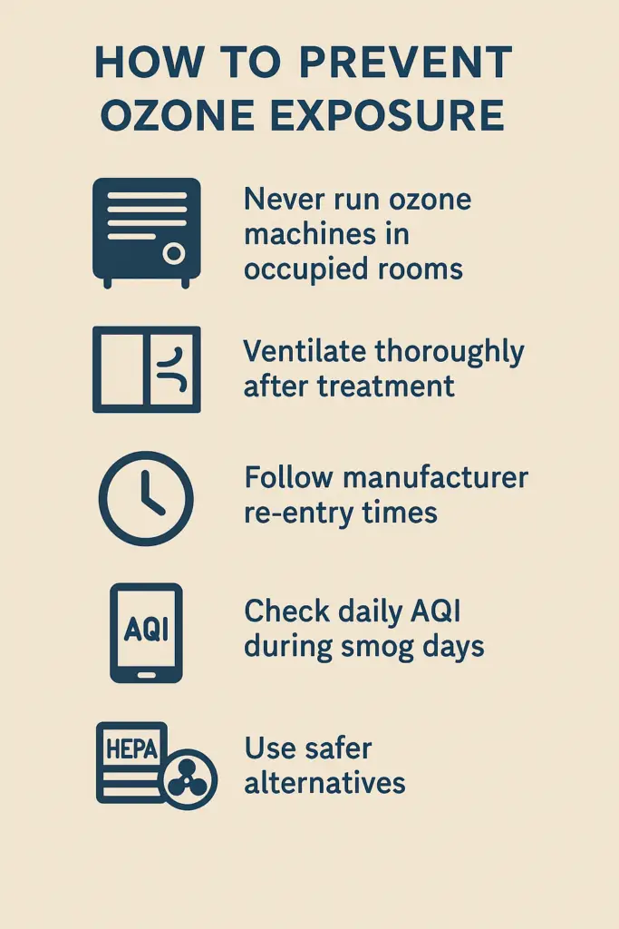 Infographic showing prevention tips for ozone exposure: avoid running ozone machines in occupied rooms, ventilate after use, follow re-entry times, check AQI, and use HEPA filters.