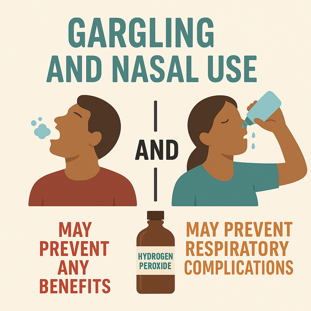 Illustration showing a person gargling and another performing nasal irrigation with hydrogen peroxide solution, highlighting claimed respiratory benefits and risks.