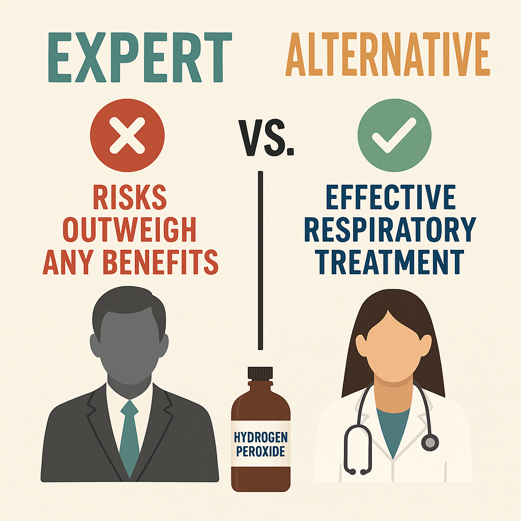 Infographic comparing expert warnings against hydrogen peroxide inhalation with alternative medicine claims of effective respiratory treatment.