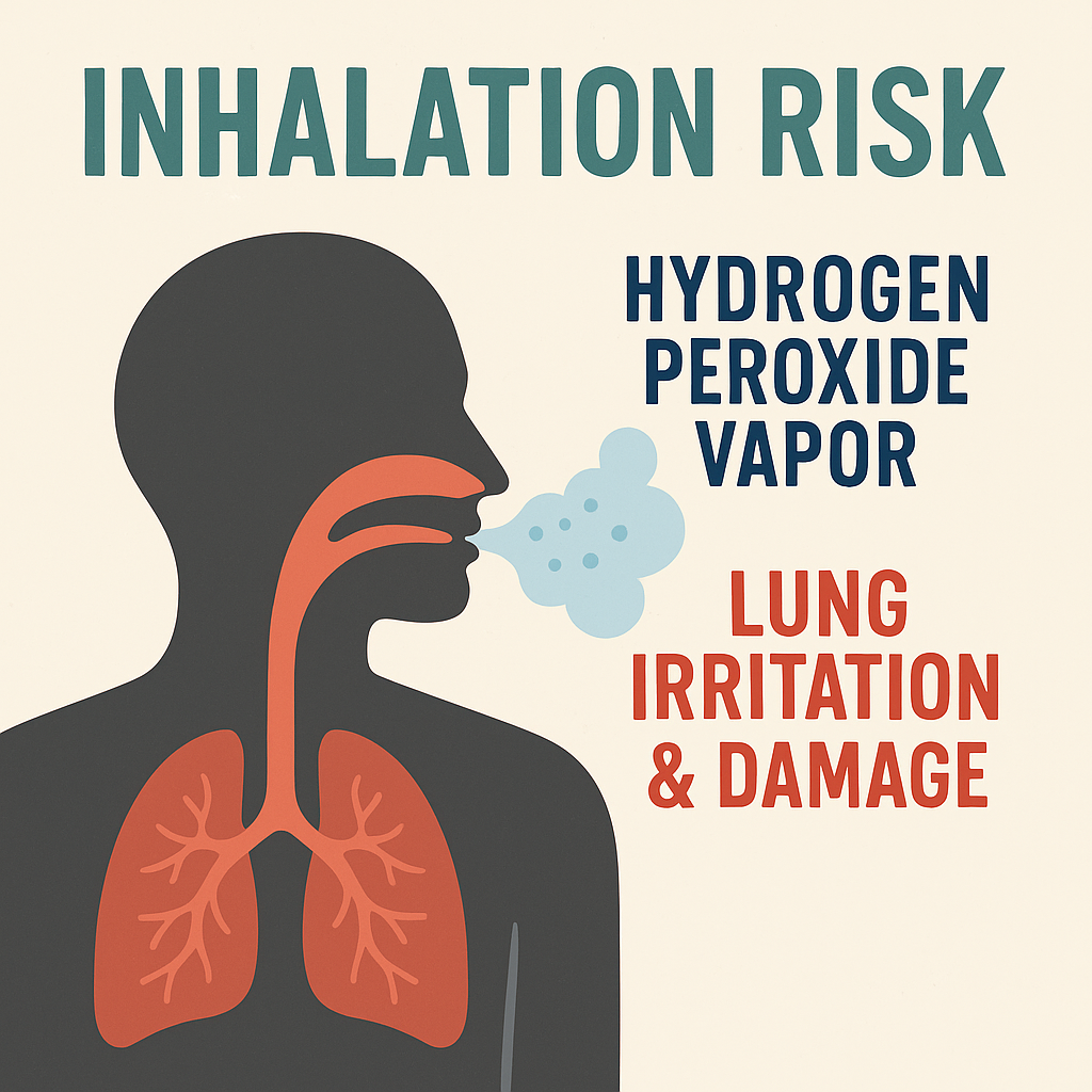 Medical-style diagram showing mist inhalation from a humidifier and the risk of lung irritation and damage from hydrogen peroxide vapor.