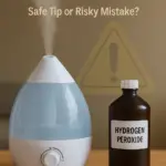 Hydrogen Peroxide in Humidifier - What's the Controversy? White ultrasonic humidifier with a brown hydrogen peroxide bottle and warning sign in background, illustrating the controversy over adding hydrogen peroxide to humidifiers.