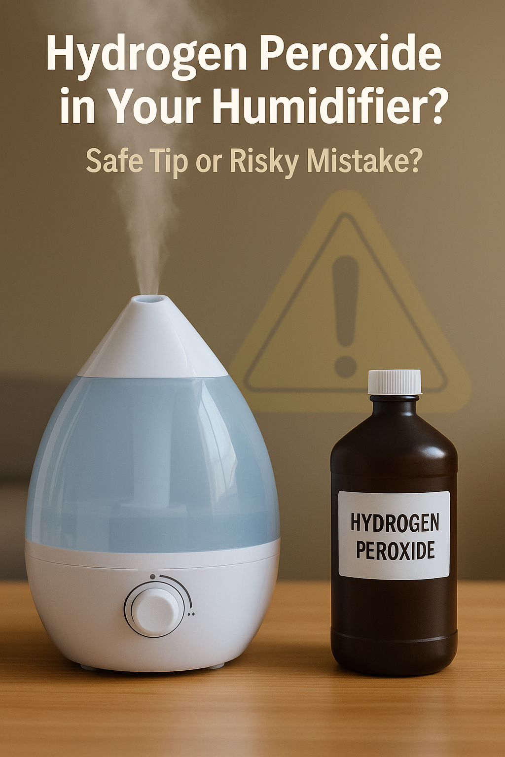 White ultrasonic humidifier with a brown hydrogen peroxide bottle and warning sign in background, illustrating the controversy over adding hydrogen peroxide to humidifiers.