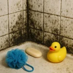 Can Ozone Get Rid of Mold Smell in a House? a picture of a moldy shower with a yellow rubber duck