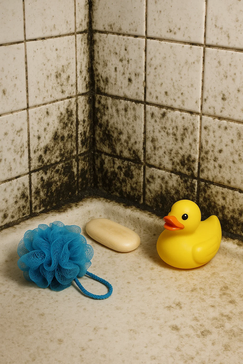a picture of a moldy shower with a yellow rubber duck