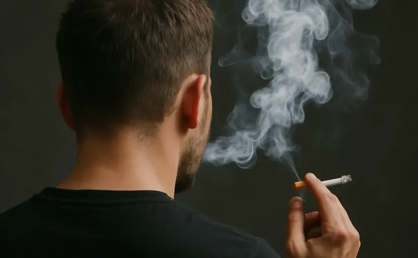 a man with his back turned smoking a cigarette.