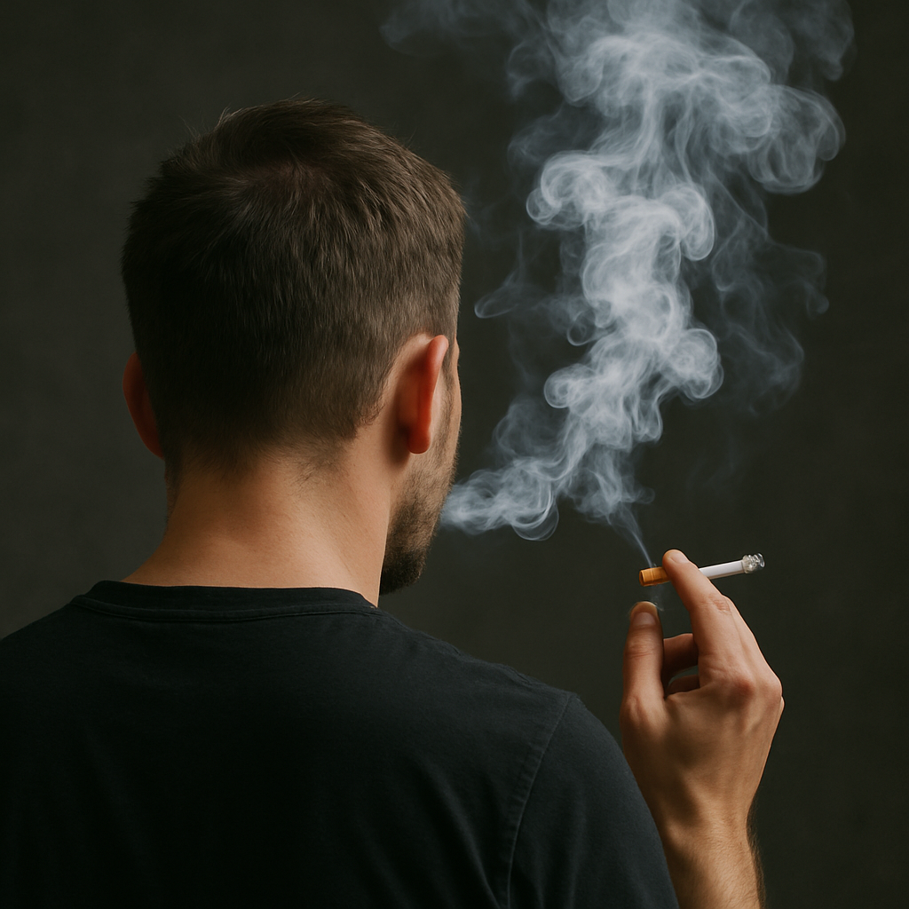 a man with his back turned smoking a cigarette.