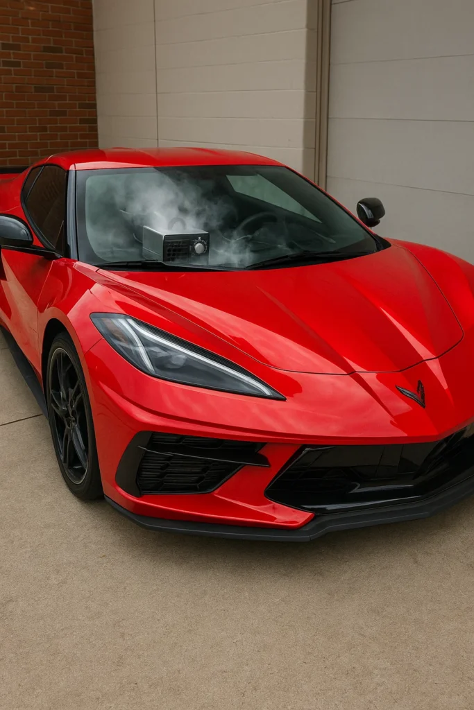 red corvette with ozone generator running to remove odors