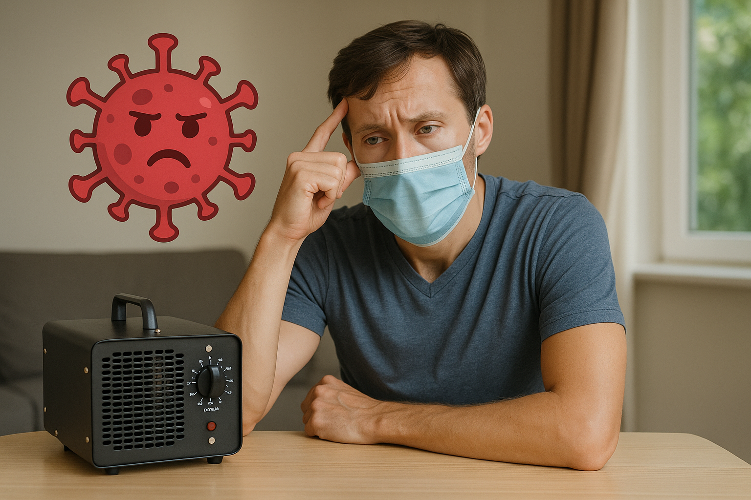 Picture of a man contemplating a ozone machine for viruses