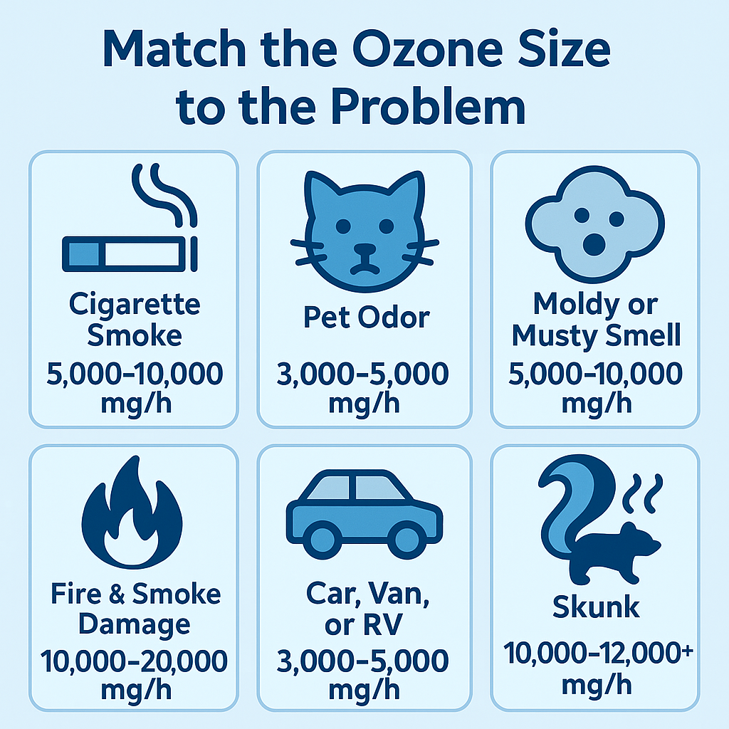 Infographic showing recommended ozone generator sizes for various odor problems, including cigarette smoke, pet odor, mold, fire damage, car interiors, and skunk, with matching mg/h output ranges."