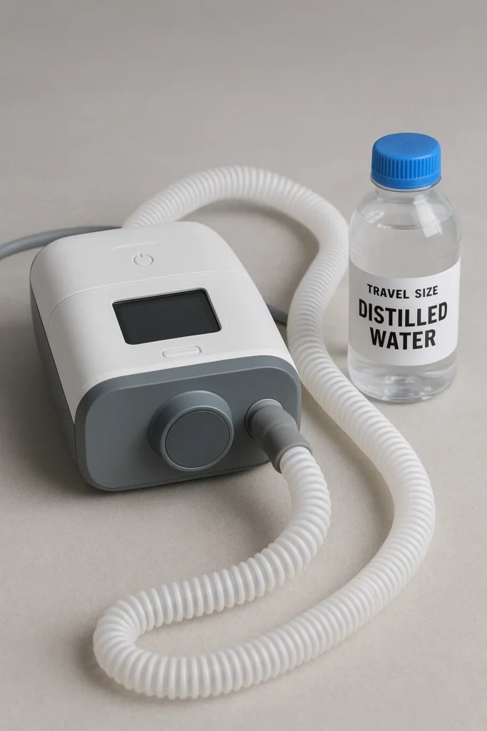 Portable CPAP machine with a small travel bottle of distilled water for safe use while traveling