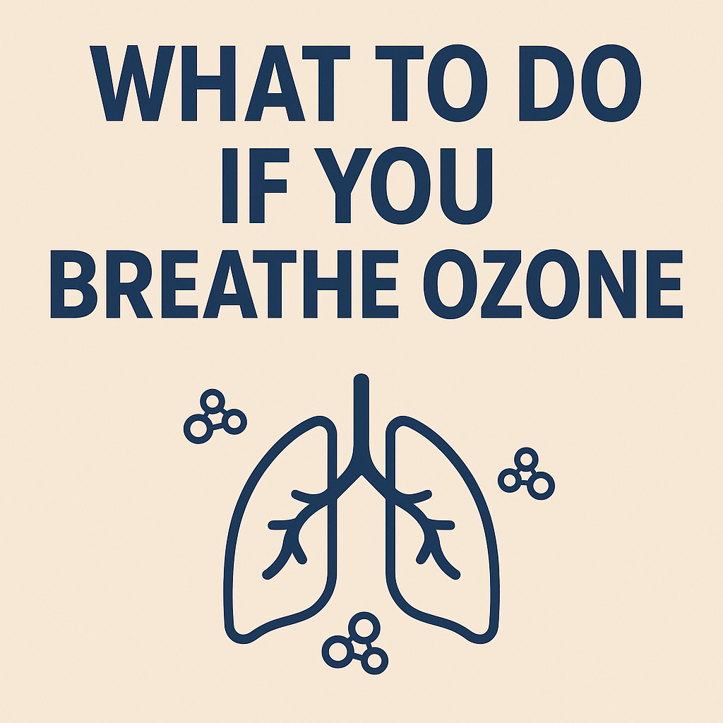 Featured image with the title What to Do If You Breathe Ozone and an icon of lungs surrounded by ozone molecule symbols.