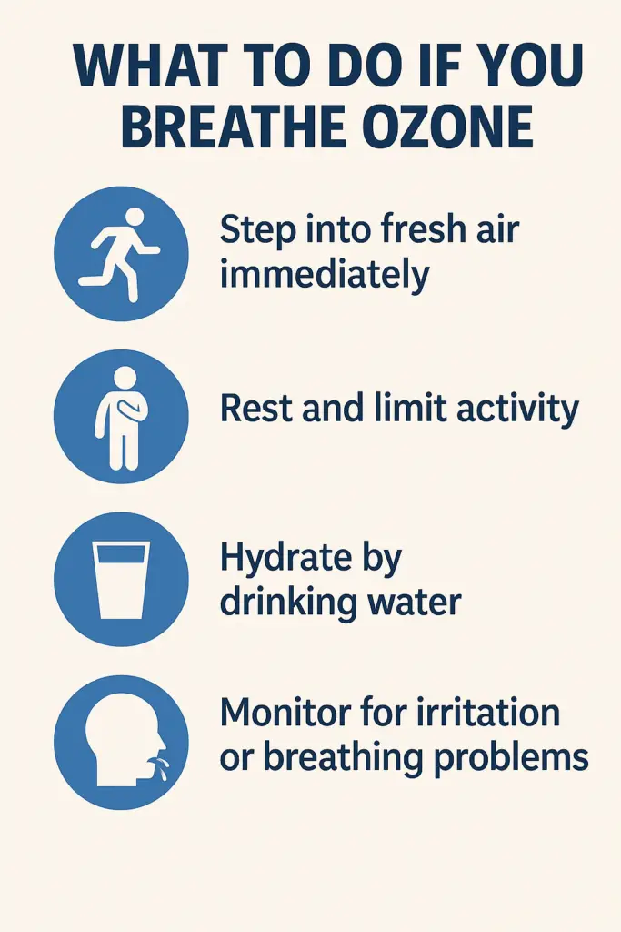 Infographic showing four steps to take if you breathe ozone: move to fresh air, rest, hydrate, and monitor for breathing problems.