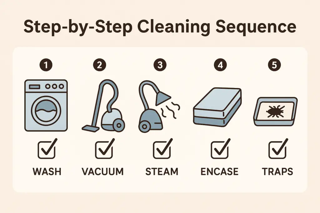 Visual checklist showing washing, vacuuming, steaming, encasing, and setting traps to remove bed bugs.