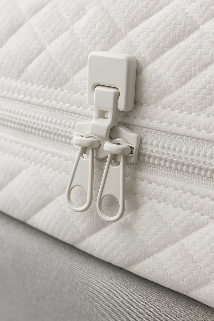 Close-up of bed bug–proof mattress encasement zipper and fabric seal.