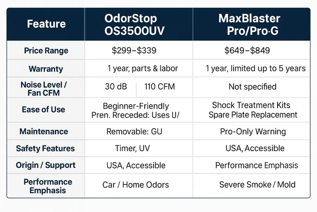 Comparison chart showing OdorStop OS3500UV vs MaxBlaster Pro ozone generator features and specs