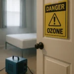 Ozone generator running in an unoccupied bedroom after pest treatment with warning sign on door.