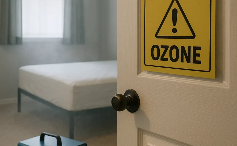 Ozone generator running in an unoccupied bedroom after pest treatment with warning sign on door.