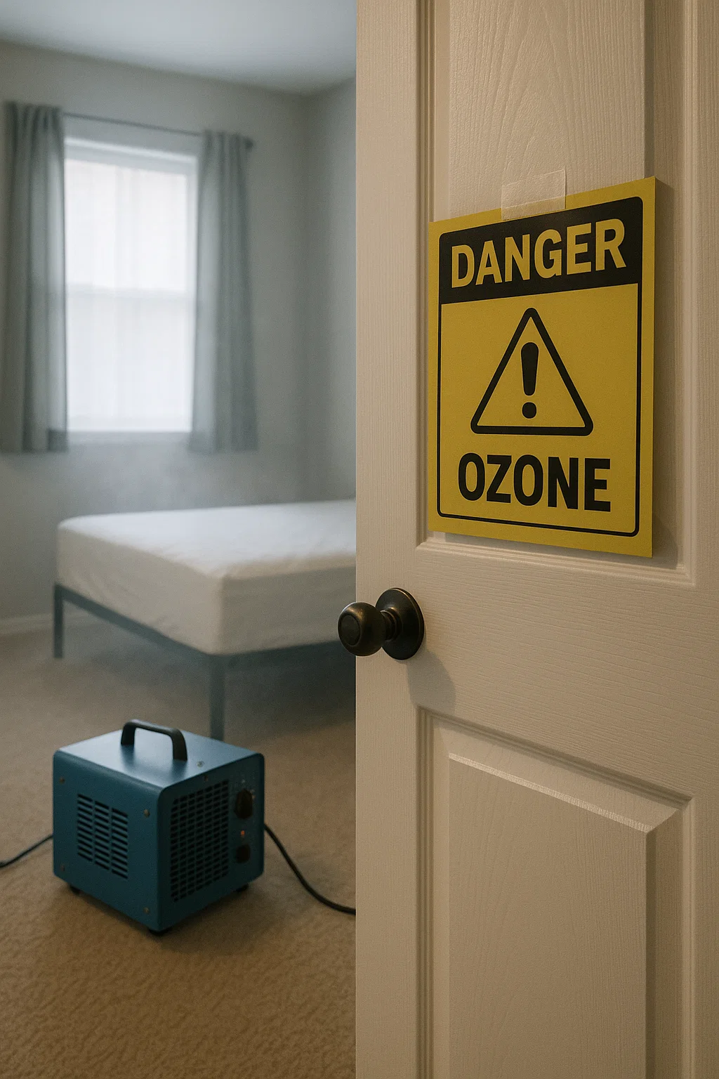 Ozone generator running in an unoccupied bedroom after pest treatment with warning sign on door.