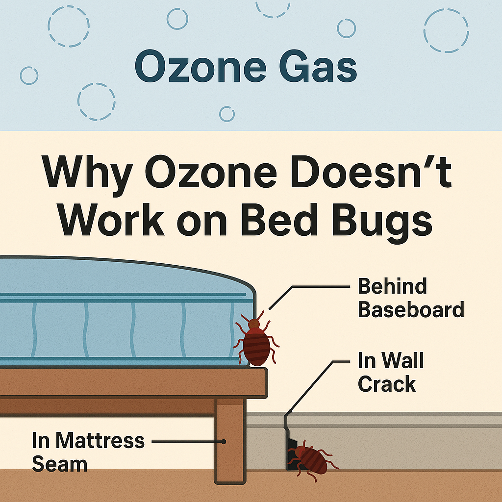 Cutaway diagram showing ozone gas in open air while bed bugs hide inside mattress seams and wall cracks.