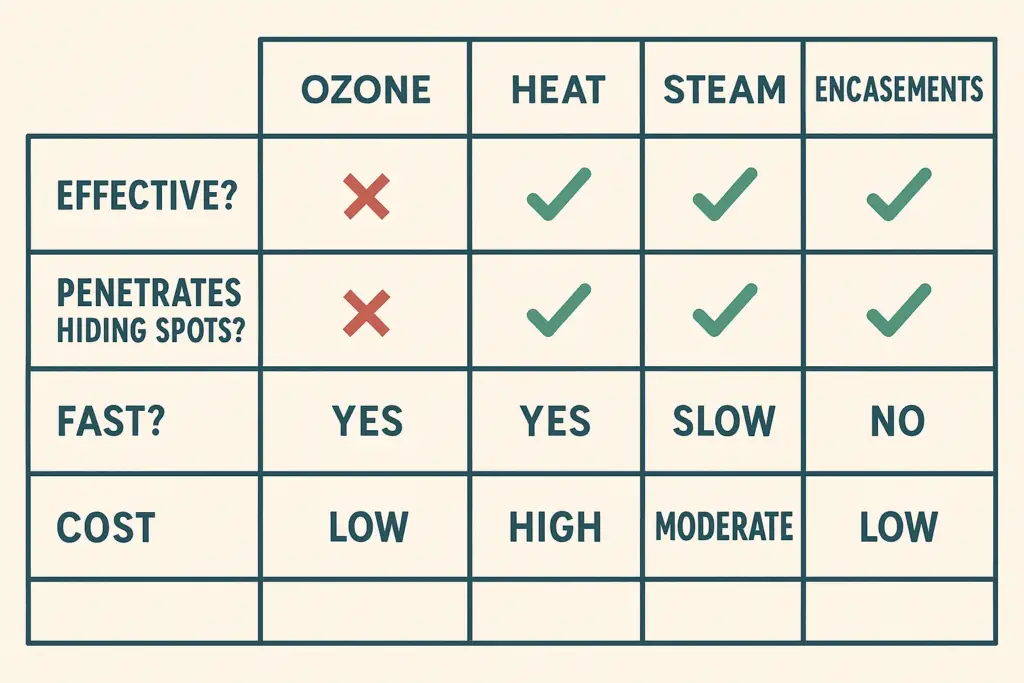 Comparison chart of ozone, heat, steam, and encasement treatments showing effectiveness, speed, and cost.