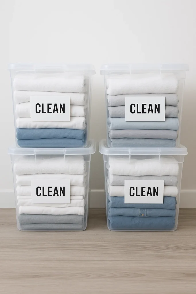 Freshly washed clothes stored in clear plastic bins labeled clean during bed bug treatment.