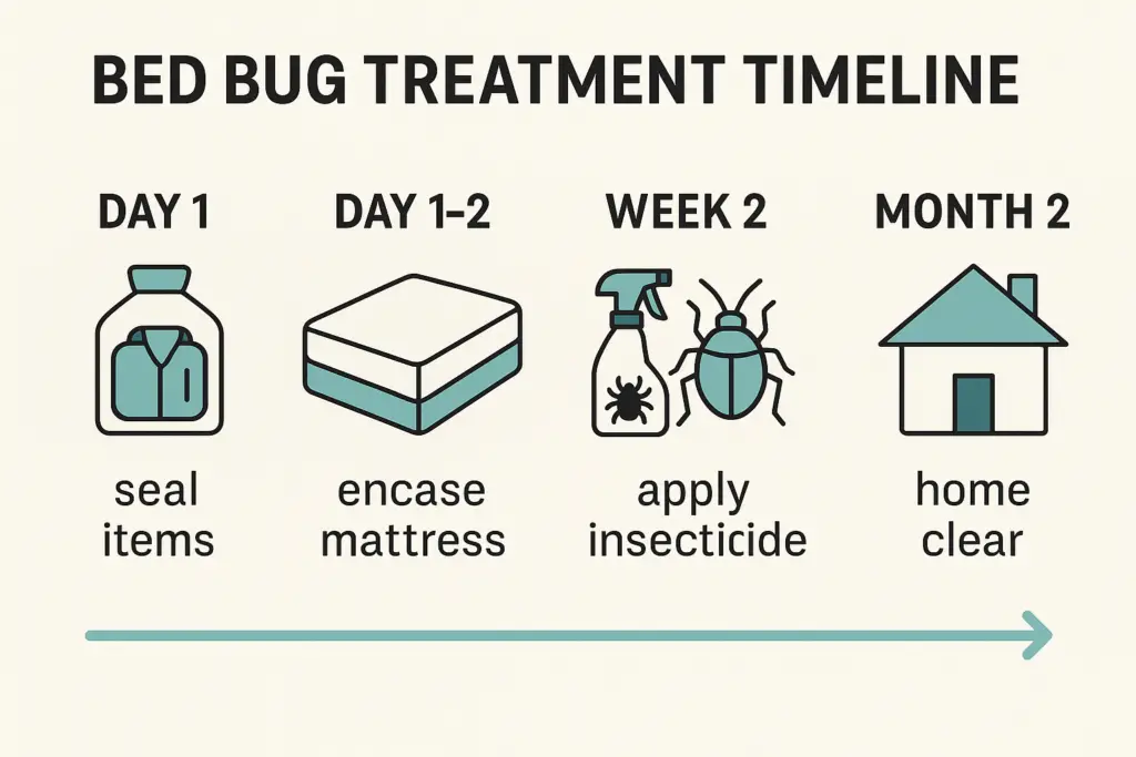 Infographic timeline from day 1 to month 2 showing cleaning, spraying, encasing, and achieving a bug-free home.