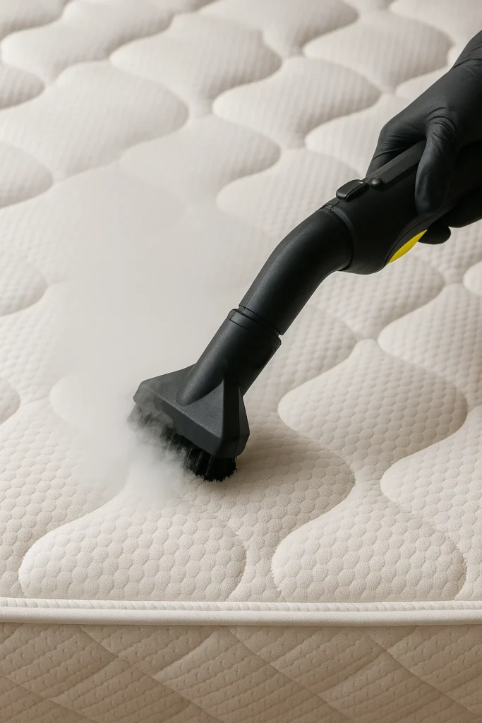 Handheld steam cleaner removing bed bugs from mattress seams.