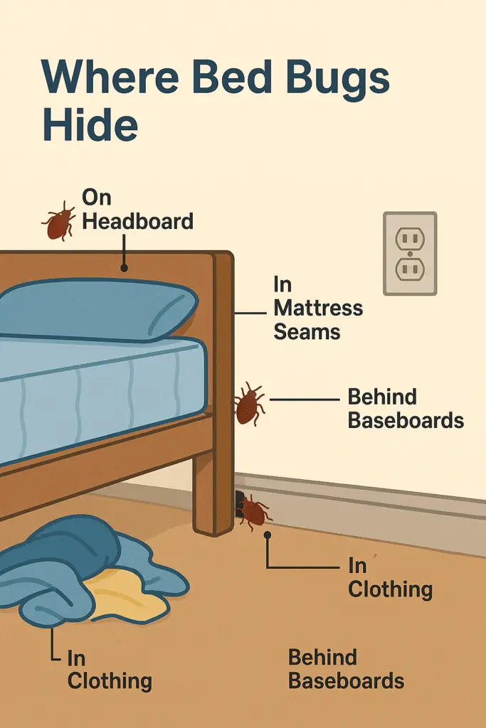 Educational graphic labeling common hiding spots for bed bugs — mattress seams, baseboards, clothing, and wall outlets.