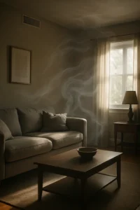 Cinematic image of a quiet living room with soft daylight highlighting airflow patterns that explain how cigarette odor drifts into a non-smoking home.