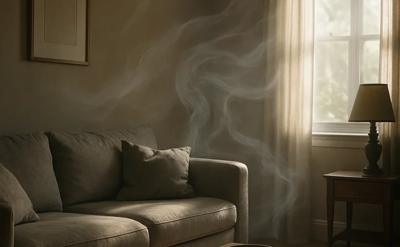 Cinematic image of a quiet living room with soft daylight highlighting airflow patterns that explain how cigarette odor drifts into a non-smoking home.