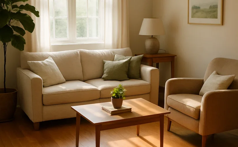 Bright, airy living room with soft natural light coming through windows.