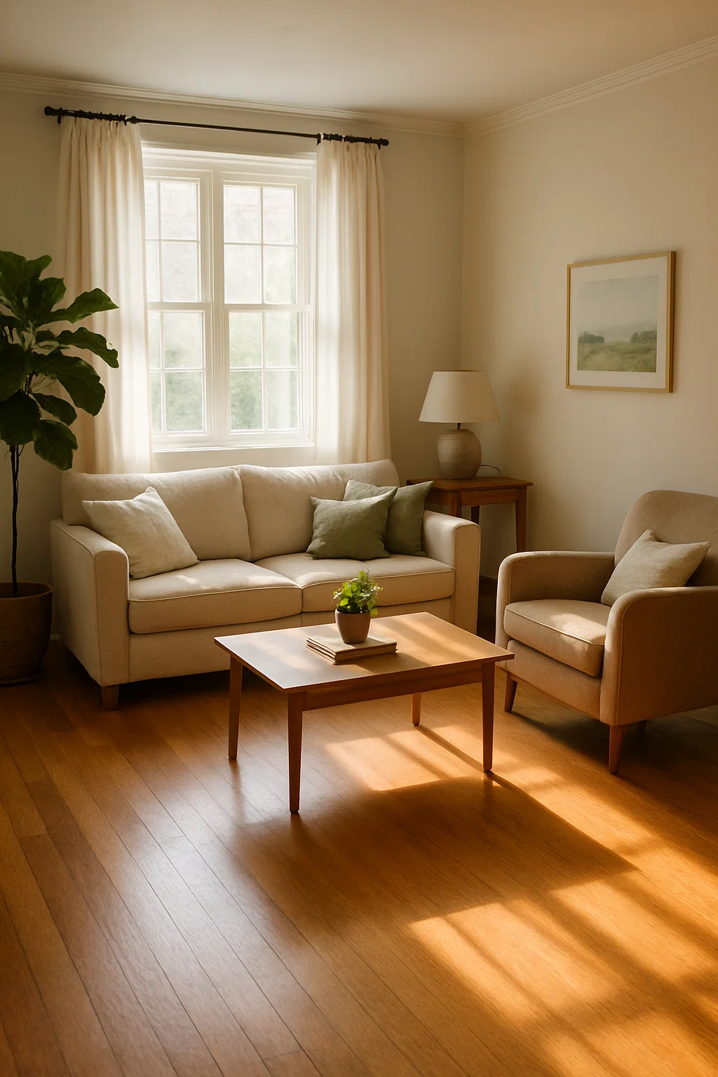 Bright, airy living room with soft natural light coming through windows.