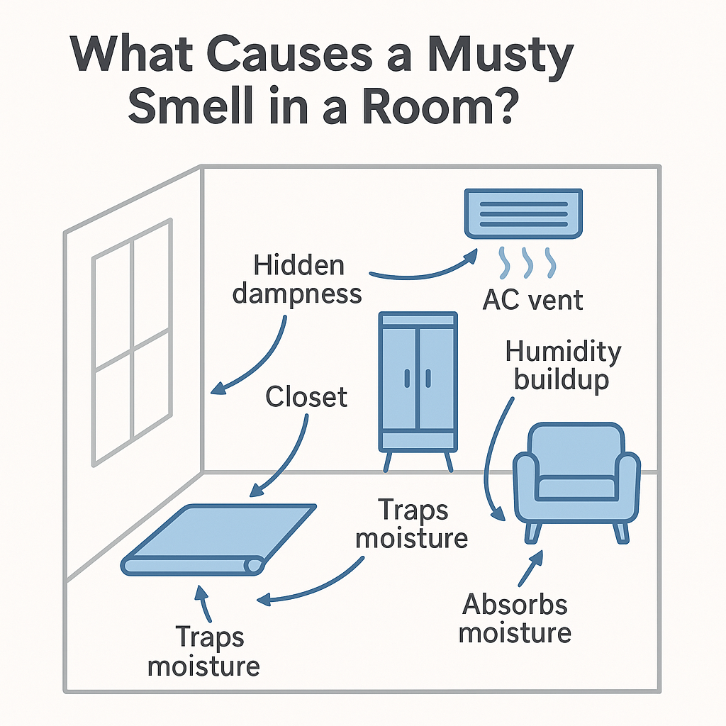 Diagram showing common sources of musty odors in a room including carpet, closets, AC vents, furniture, and hidden dampness.