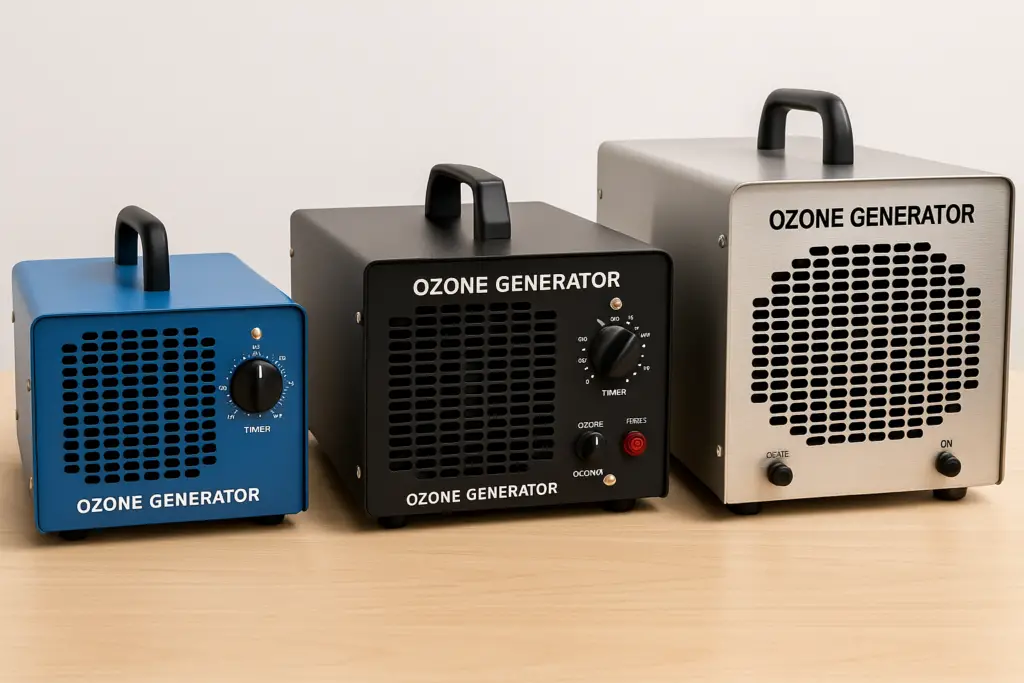 Three ozone generator units in small, medium, and commercial sizes displayed side by side on a table