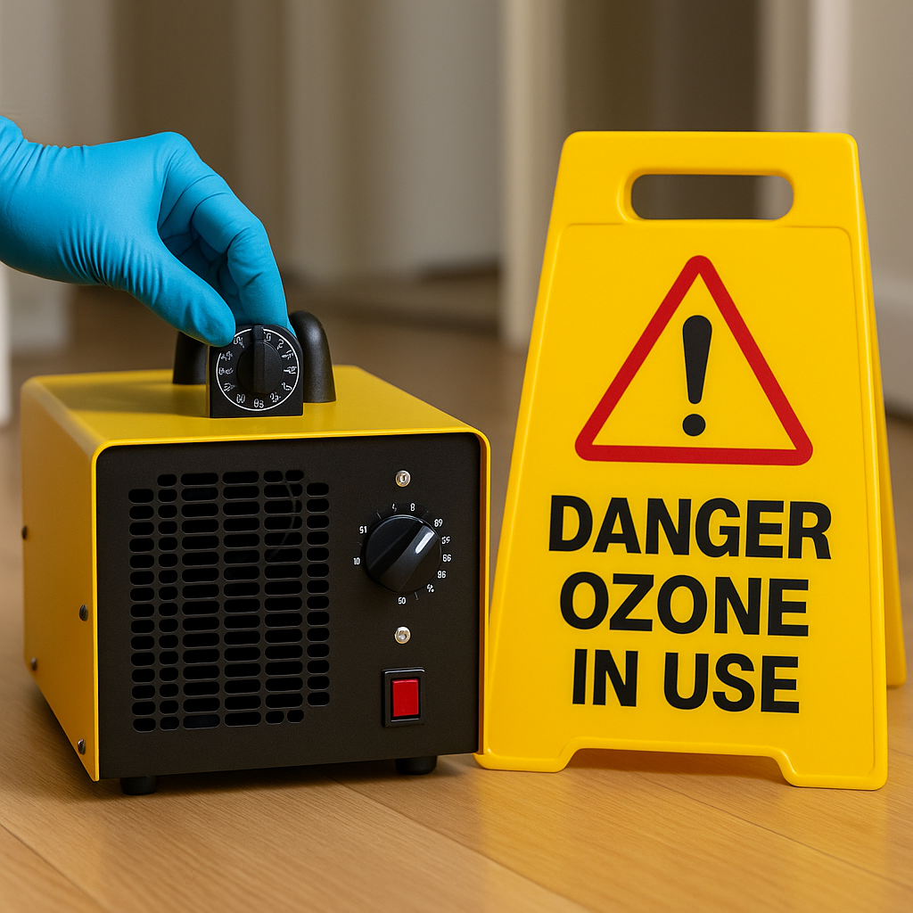 Person adjusting the timer on an ozone generator with gloves on next to a yellow ‘Danger: Ozone In Use’ warning sign