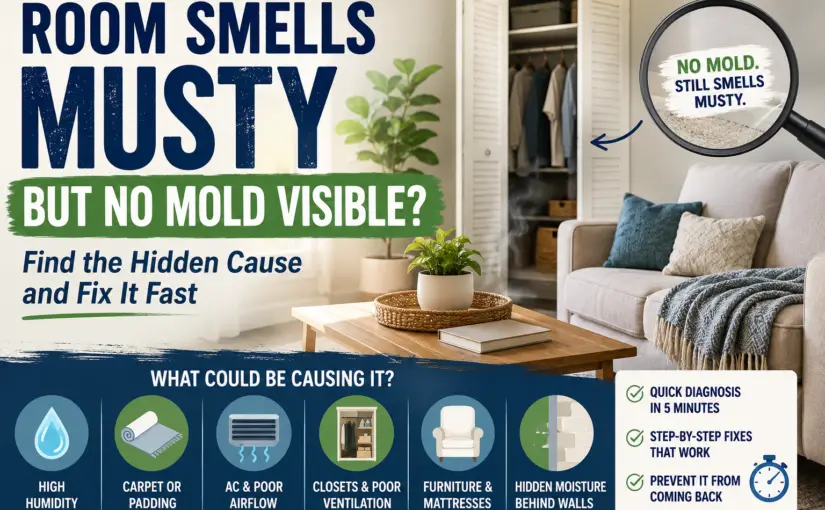 Homeowner trying to locate a musty smell in a clean bedroom with no visible mold