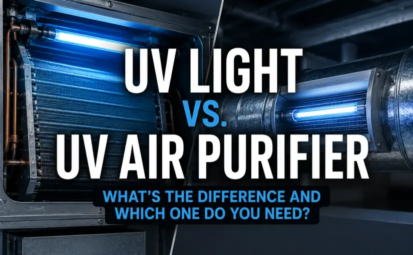 Split illustration comparing an HVAC UV coil light and an in-duct UV air purifier, showing the difference between protecting the HVAC system and treating the air throughout the home.
