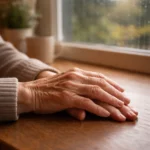 Older hands resting near a window on a cloudy day, illustrating arthritis pain that can worsen before weather changes