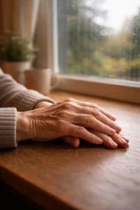Older hands resting near a window on a cloudy day, illustrating arthritis pain that can worsen before weather changes