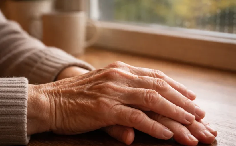 Older hands resting near a window on a cloudy day, illustrating arthritis pain that can worsen before weather changes