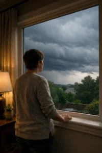 Person indoors holding their temple while looking out at an overcast sky, representing migraines that worsen before storms