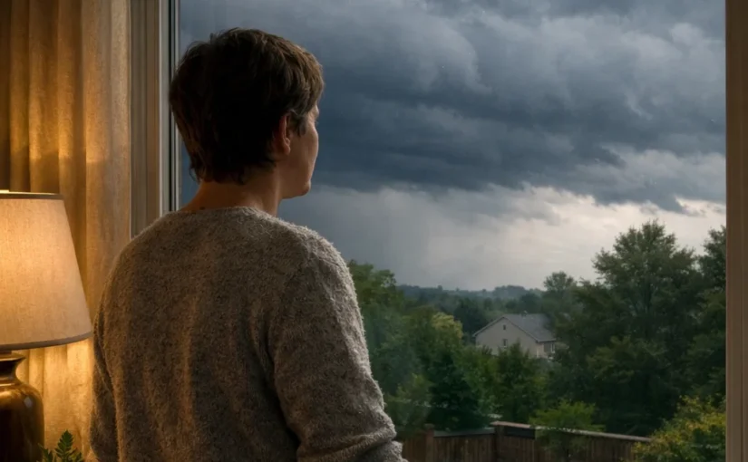 Person indoors holding their temple while looking out at an overcast sky, representing migraines that worsen before storms
