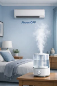 humidifier running in a room without air conditioning showing added moisture without aircon