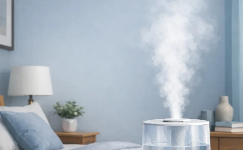 humidifier running in a room without air conditioning showing added moisture without aircon