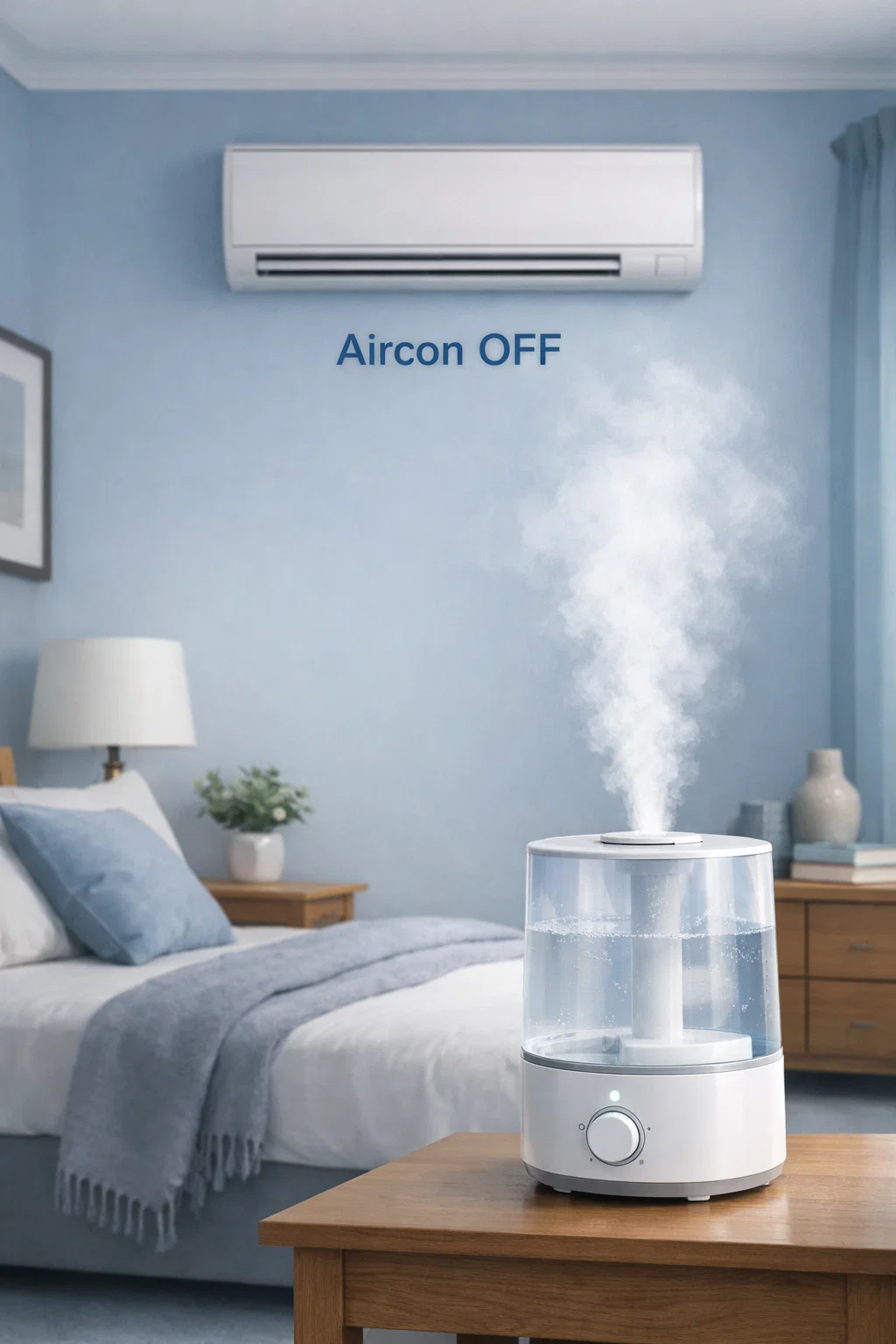 humidifier running in a room without air conditioning showing added moisture without aircon