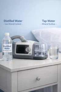 CPAP machine humidifier chamber showing distilled water compared to tap water with mineral buildup illustration